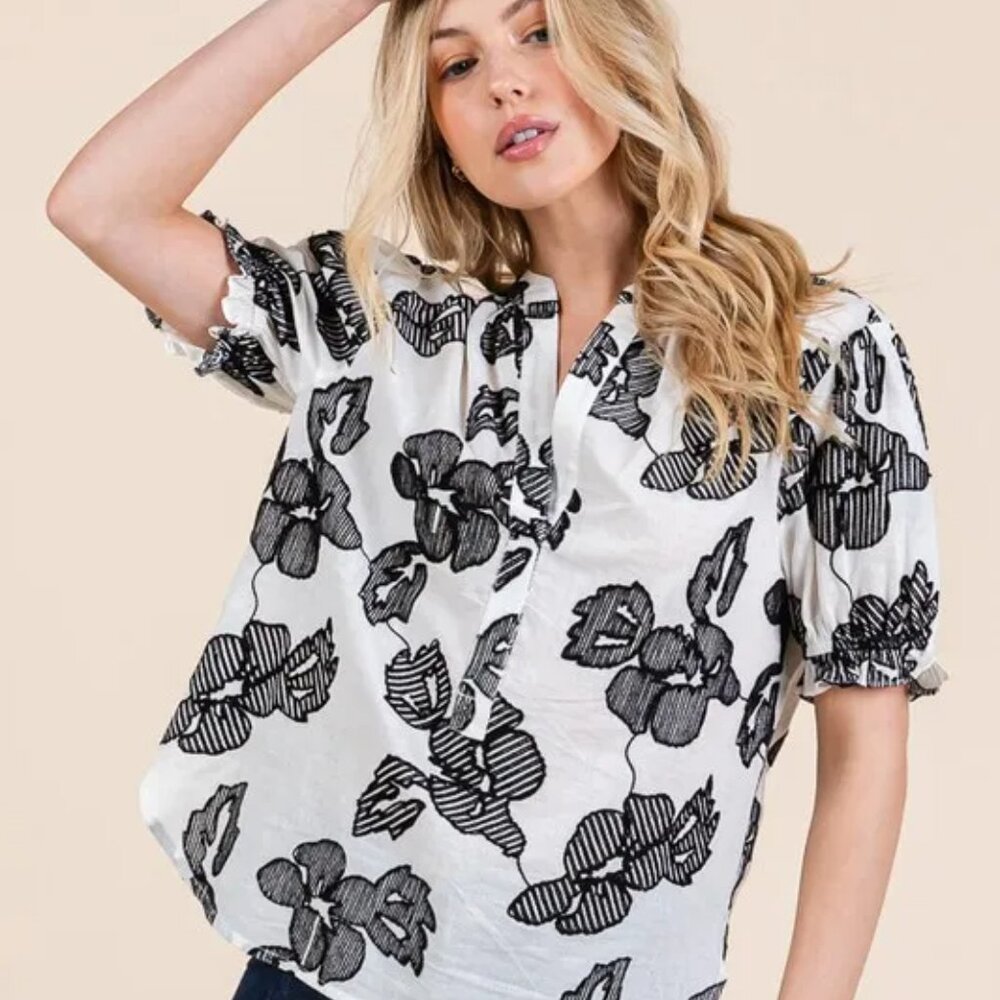 ✨NWT Lime‎ 'N' Chili Embroidered Split Neck Puff Sleeve Blouse